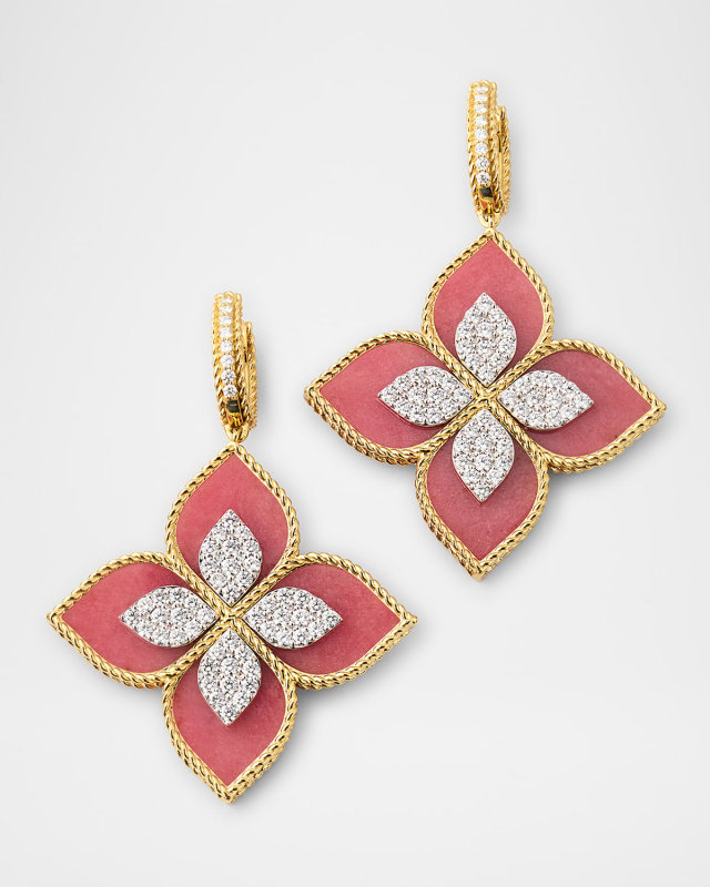 18K Yellow Gold Diamond and Rhodonite Earrings